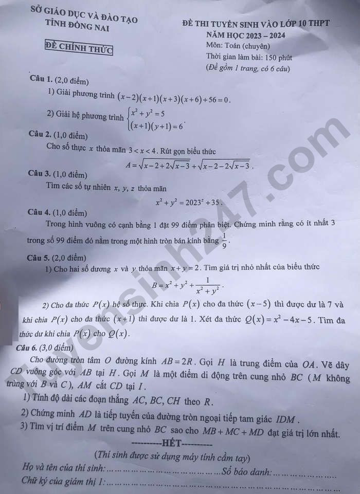 Đề thi vào 10 chuyên toán Sở GD ĐT Đồng Nai năm 2023 có đáp án