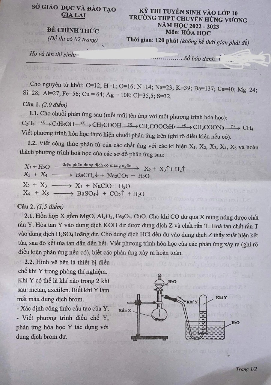 Đề thi vào 10 chuyên hóa Sở GD ĐT Gia Lai năm 2022 có đáp án