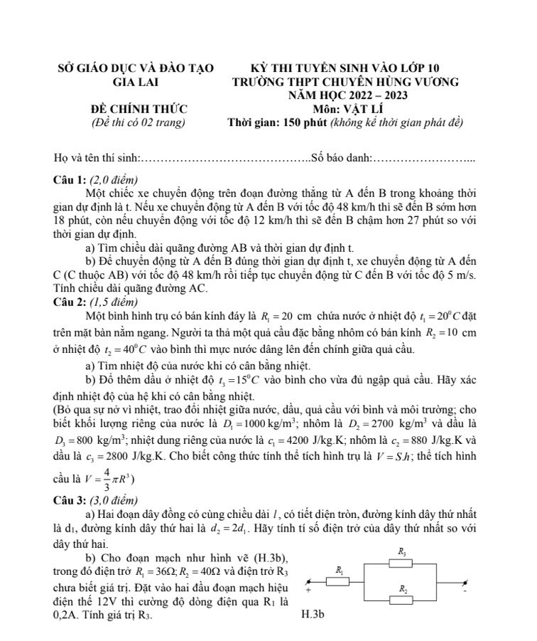 Đề thi vào 10 chuyên lý Sở GD ĐT Gia Lai năm 2022 có đáp án