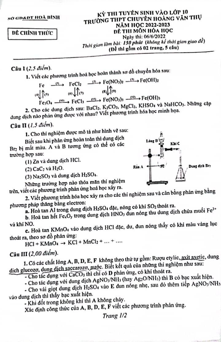 Đề thi vào 10 chuyên hóa Sở GD ĐT Hòa Bình năm 2022 có đáp án
