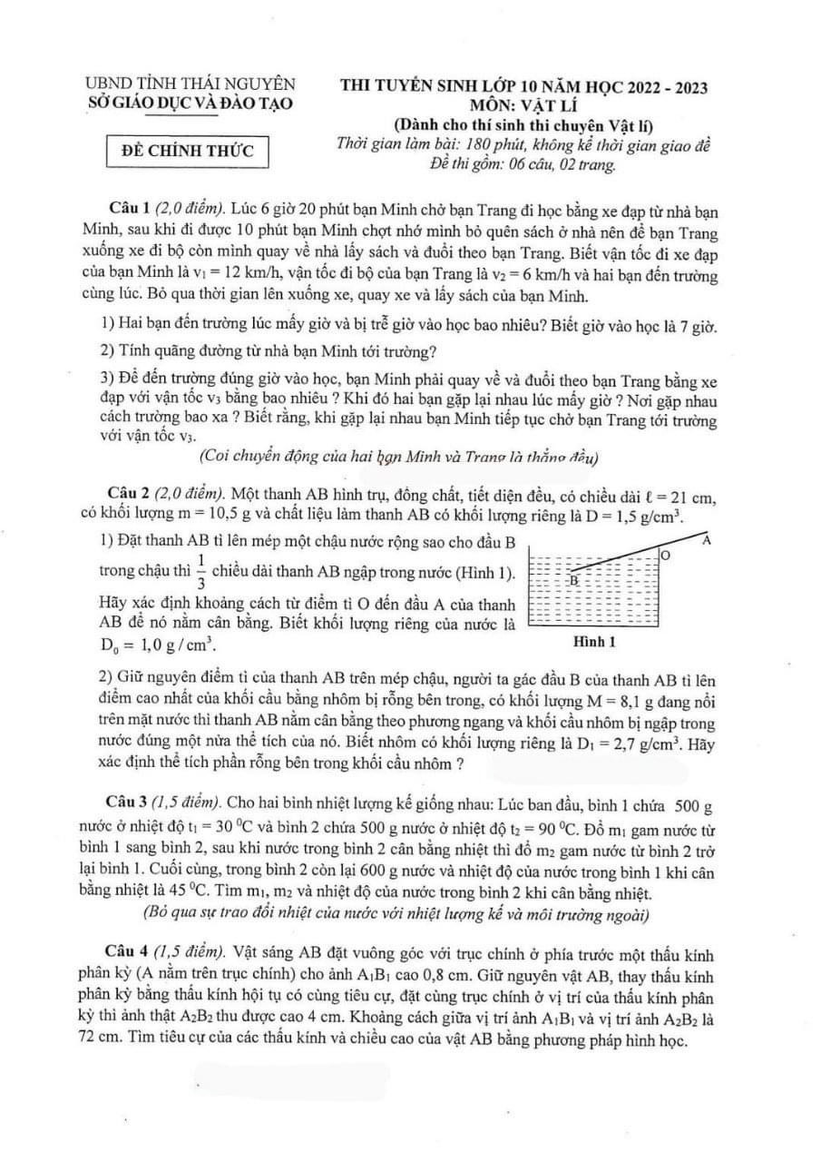 Đề thi vào 10 chuyên lý Sở GD ĐT Thái Nguyên năm 2022 có đáp án