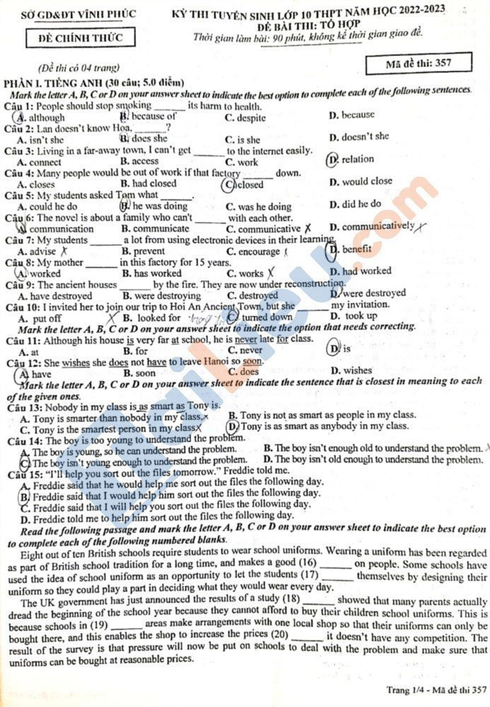 Đề thi chính thức vào 10 môn anh tỉnh Vĩnh Phúc năm 2022 có đáp án