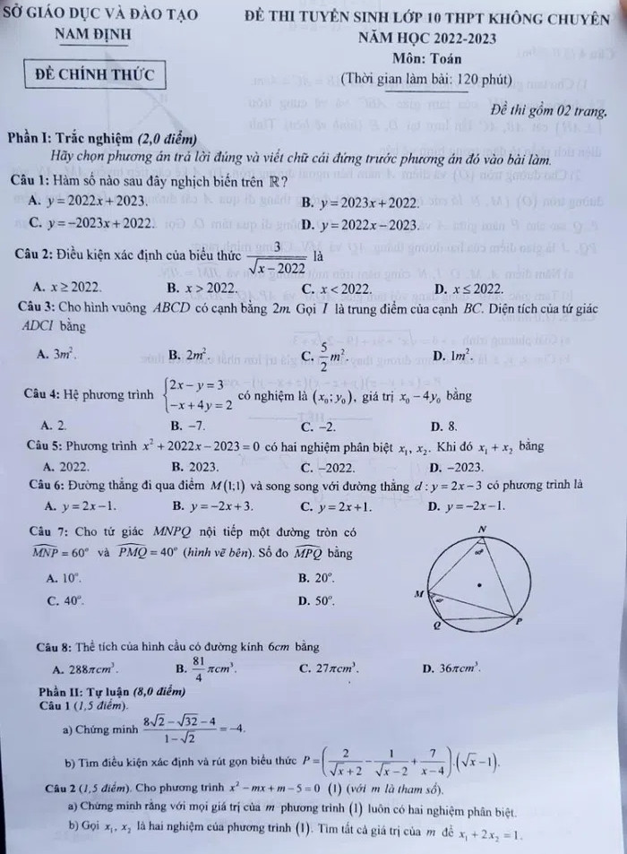 Đề thi chính thức vào 10 môn toán tỉnh Nam Định năm 2022 có đáp án