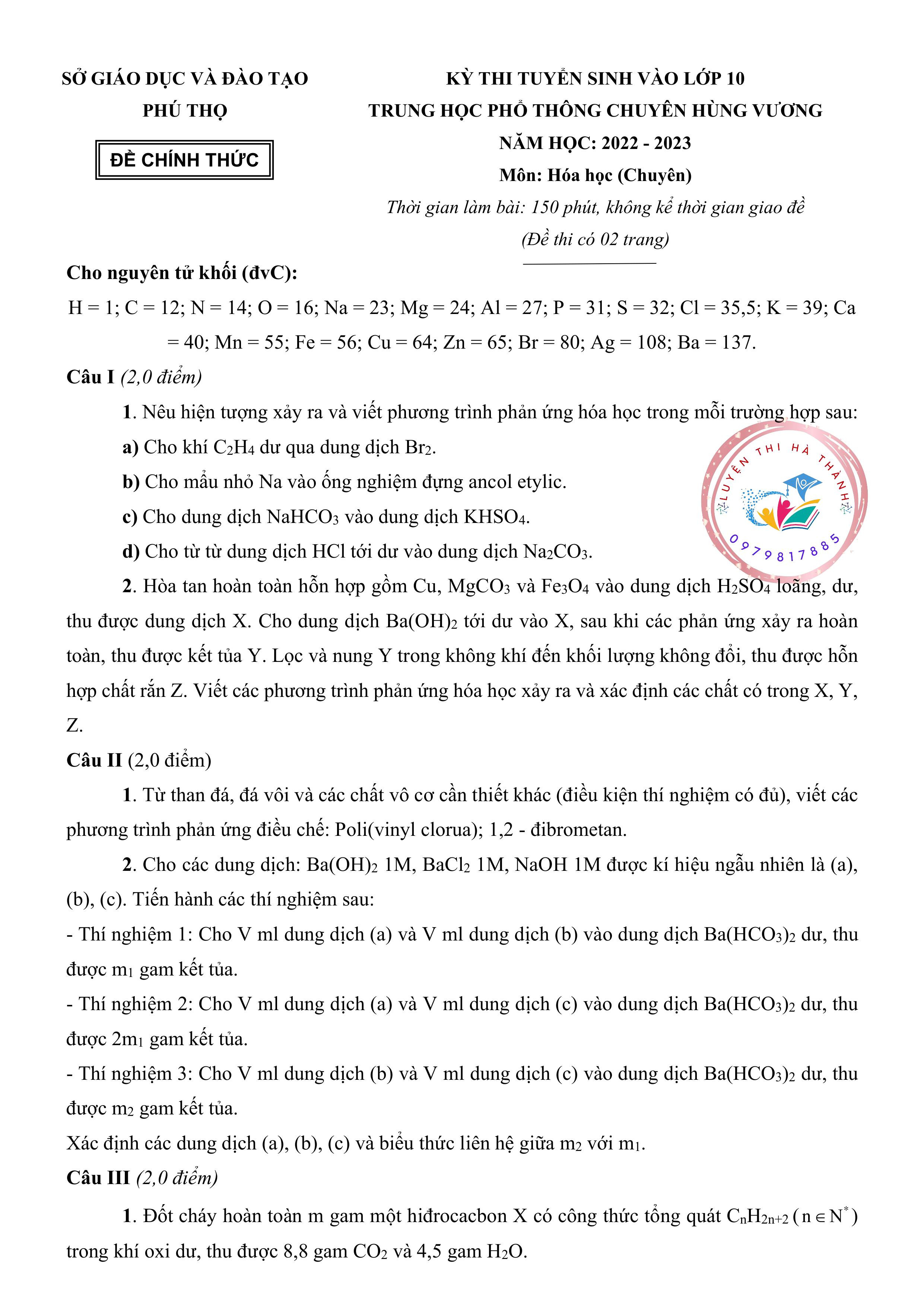Đề thi vào 10 chuyên hóa Sở GD ĐT Phú Thọ năm 2022 có đáp án