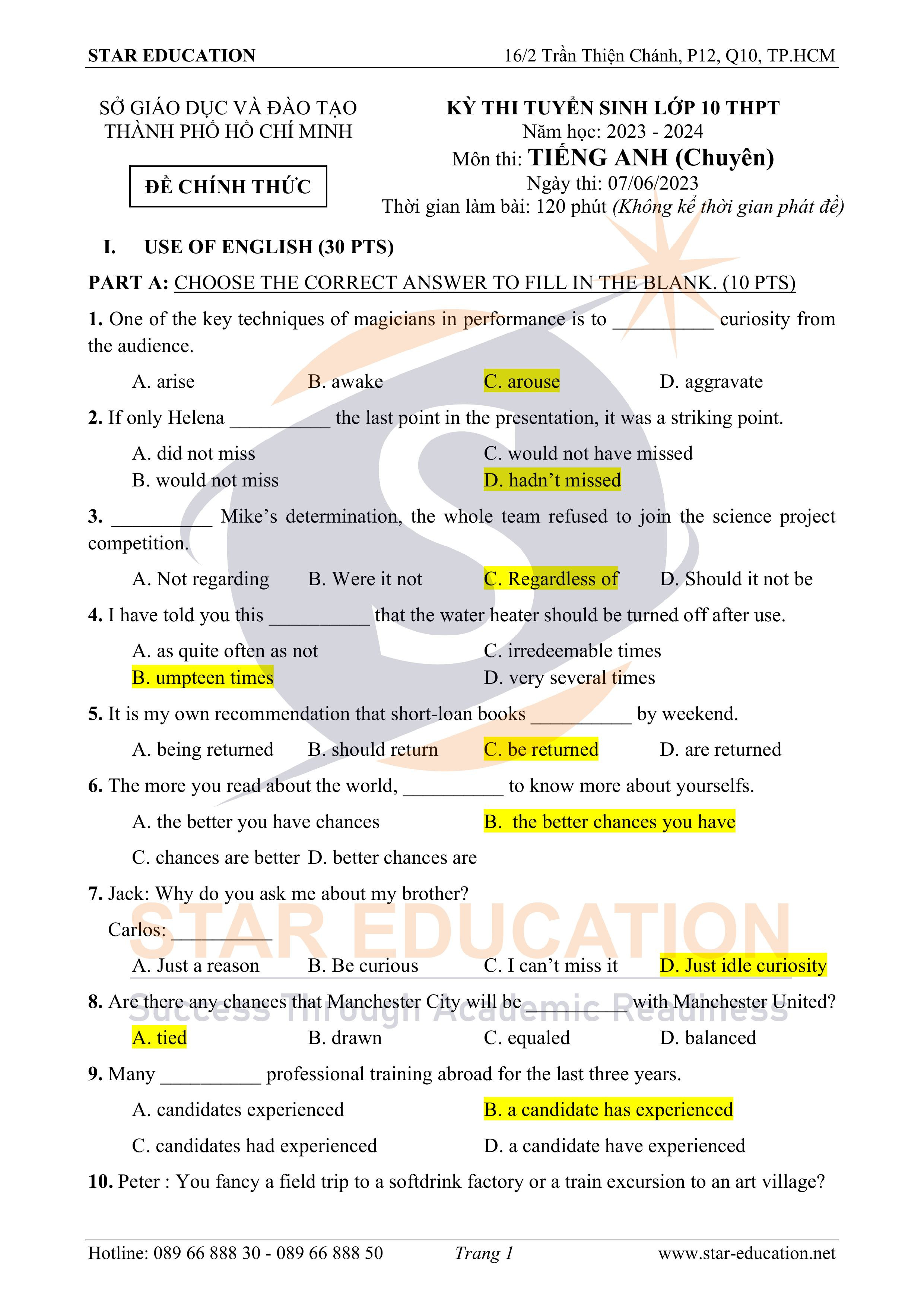 Đề thi vào 10 chuyên anh Sở GD HCM năm 2023 có đáp án