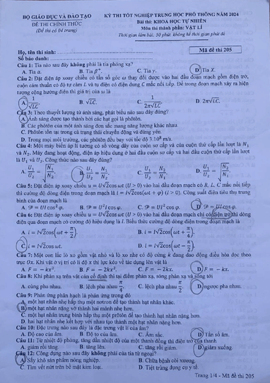 Đáp án đề thi môn Lý  mã đề 205 - Tốt nghiệp THPT 2024