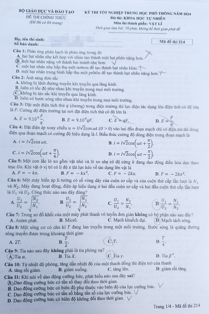 Đáp án đề thi môn Lý  mã đề 214 - Tốt nghiệp THPT 2024