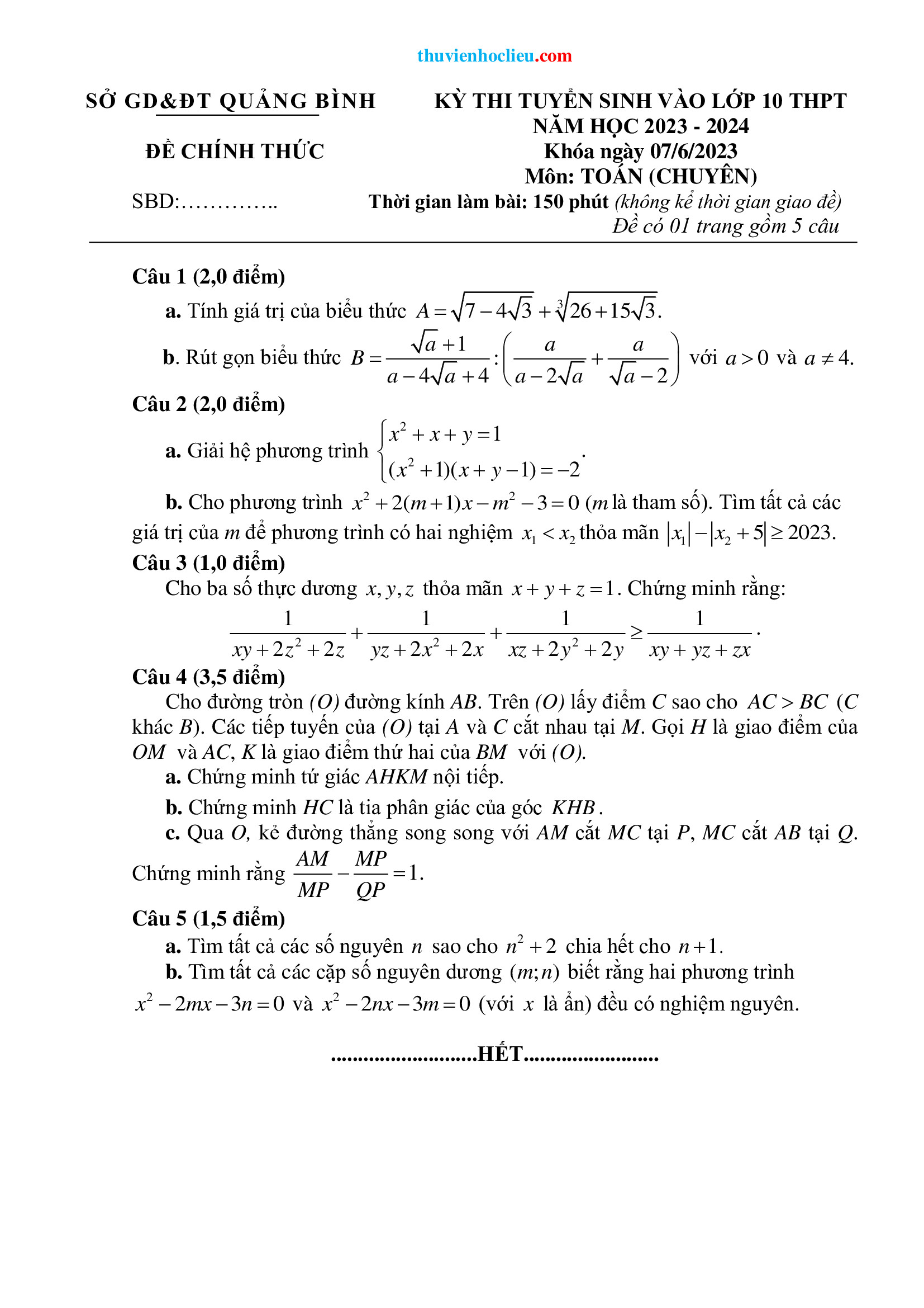 Đề thi vào 10 chuyên toán Sở GD ĐT Quảng Bình năm 2023 có đáp án