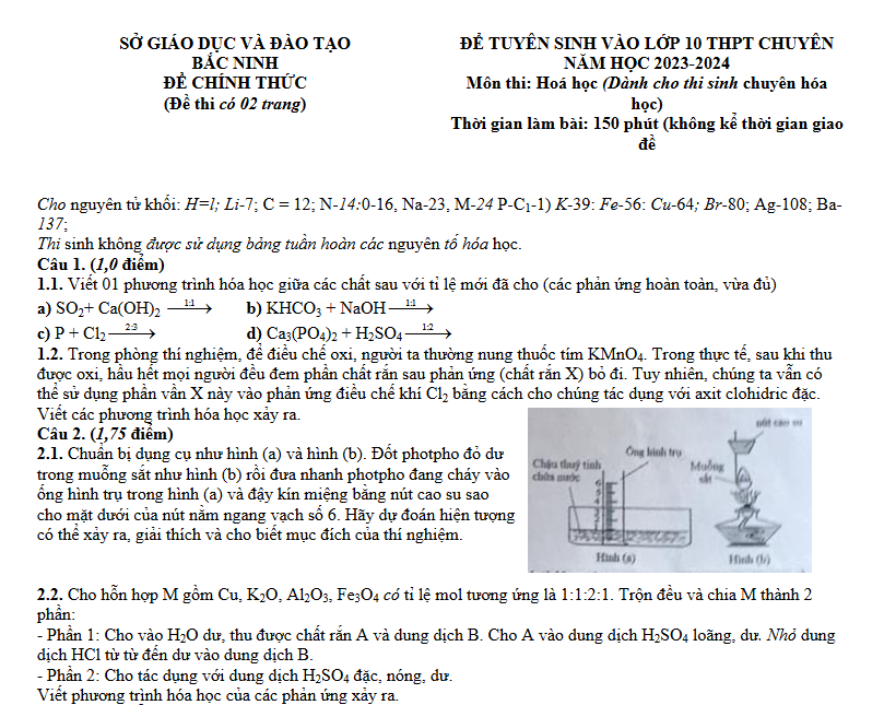Đề thi vào 10 chuyên hóa Sở GD ĐT Bắc Ninh năm 2023 có đáp án