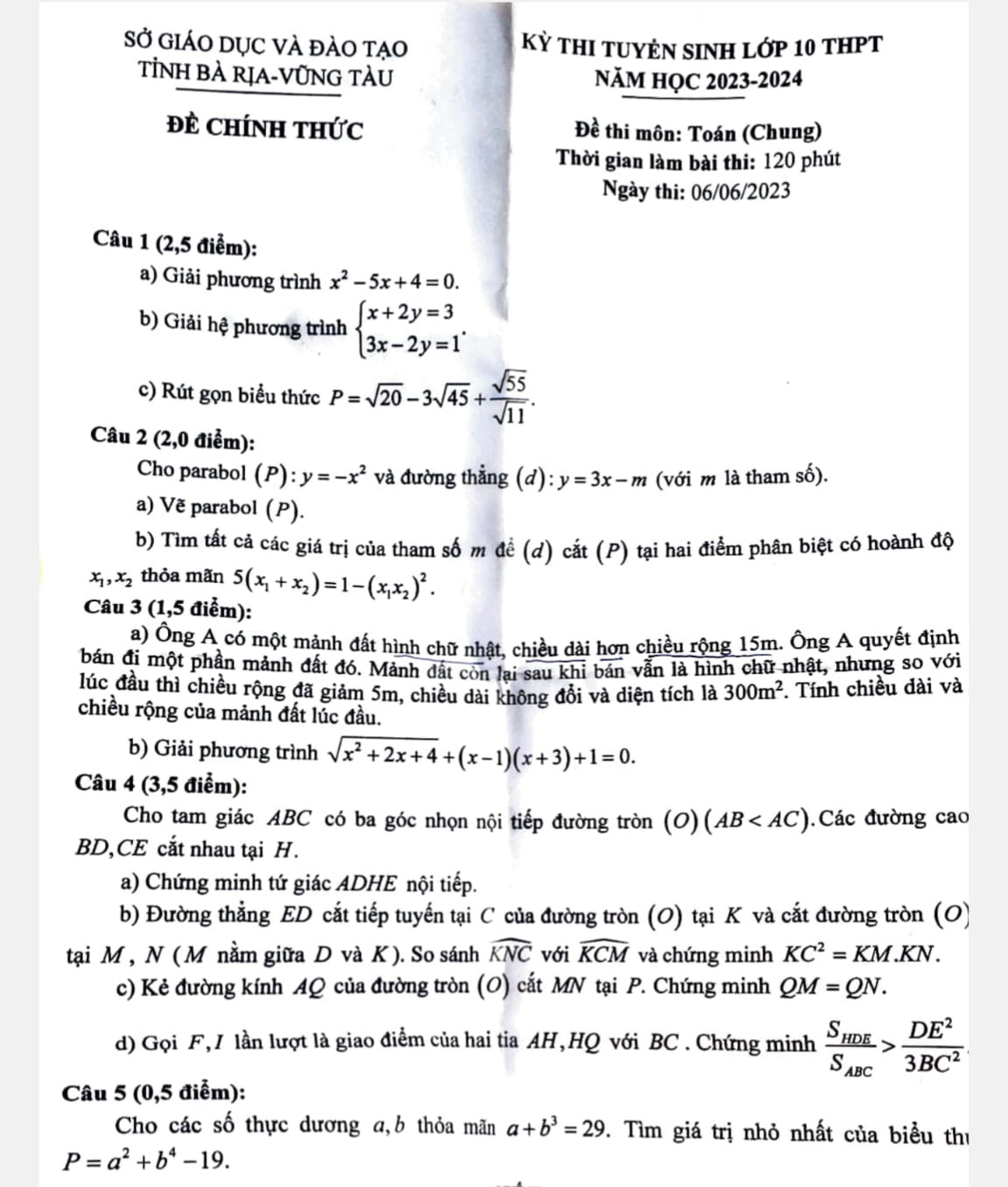 Đề thi chính thức vào 10 môn toán tỉnh Bà Rịa - Vũng Tàu năm 2023 có đáp án