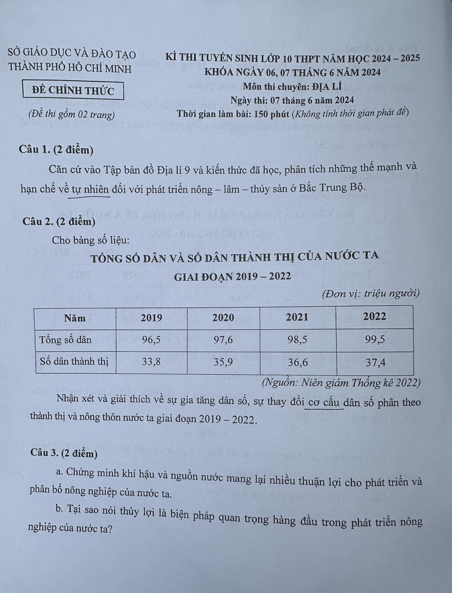 Đề thi vào 10 chuyên địa lý  Sở GD HCM năm 2024 có đáp án