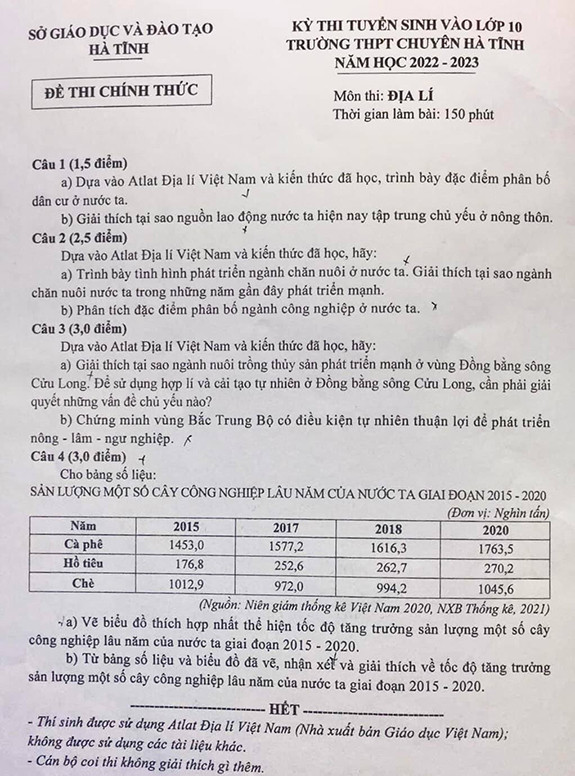 Đề thi vào 10 chuyên địa Sở GD ĐT Hà Tĩnh năm 2022 có đáp án