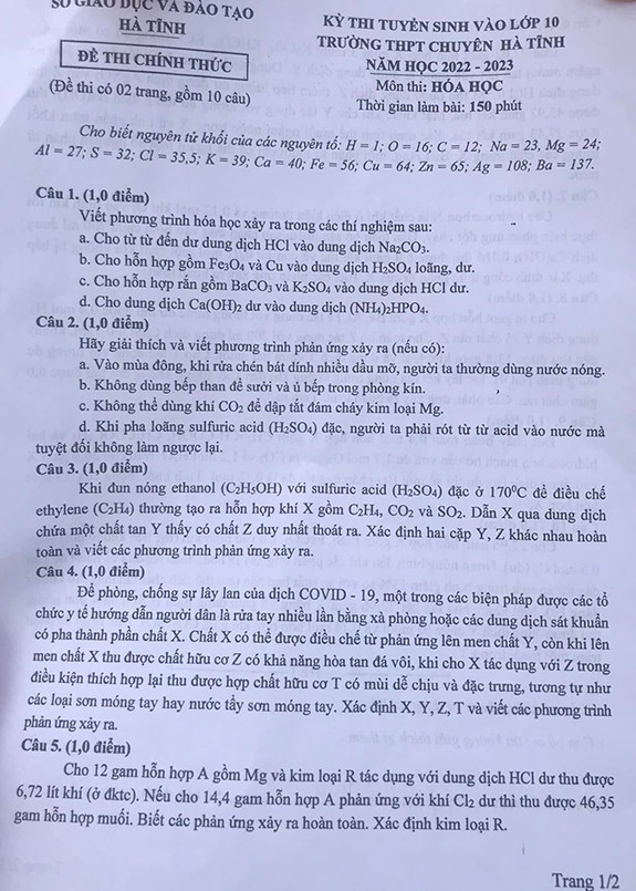Đề thi vào 10 chuyên hóa Sở GD ĐT Hà Tĩnh năm 2022 có đáp án