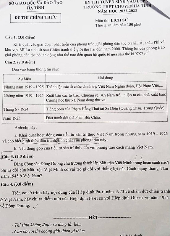 Đề thi vào 10 chuyên sử Sở GD ĐT Hà Tĩnh năm 2022 có đáp án