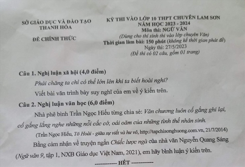 Đề thi vào 10 chuyên văn Sở GD ĐT Thanh Hóa năm 2023 có đáp án