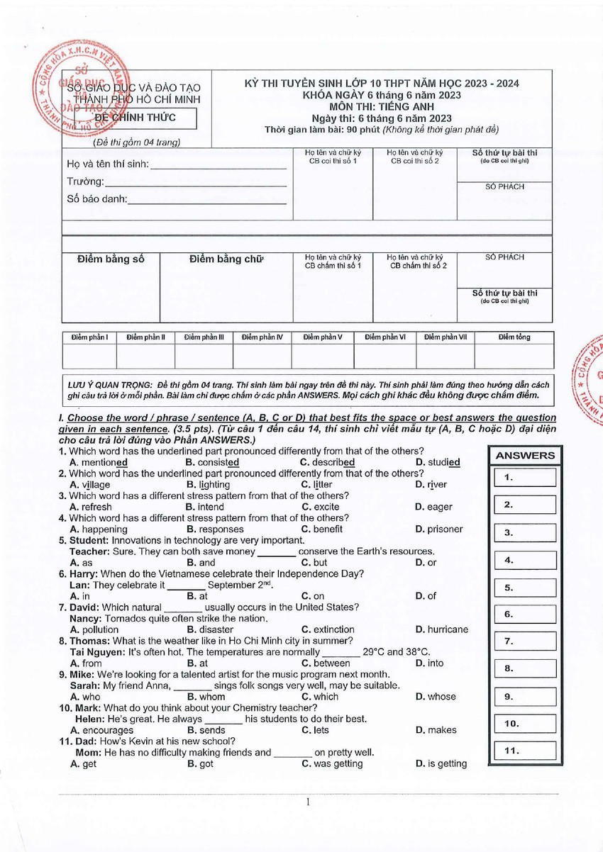 Đề thi chính thức vào 10 môn anh thành phố Hồ Chí Minh năm 2023 có đáp án