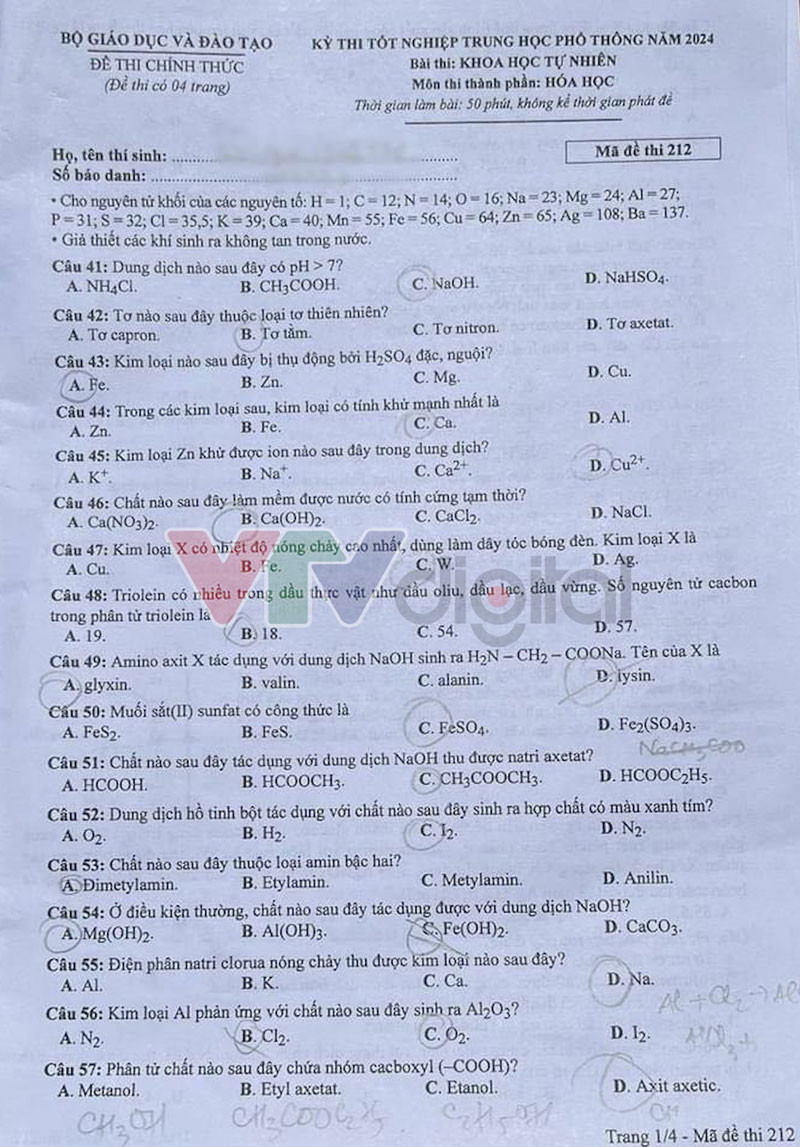 Đáp án đề thi môn Hóa mã đề 212 - Tốt nghiệp THPT 2024