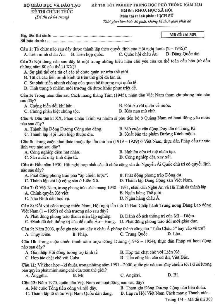 Đáp án đề thi môn Sử mã đề 309 - Tốt nghiệp THPT 2024
