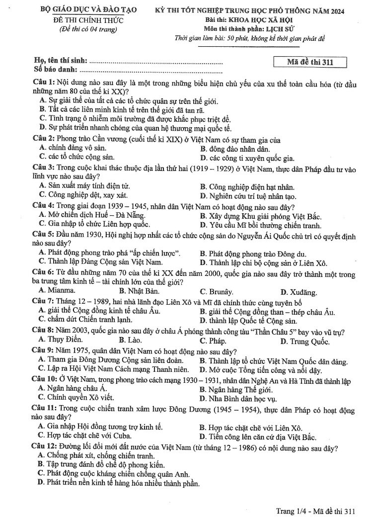 Đáp án đề thi môn Sử mã đề 311 - Tốt nghiệp THPT 2024