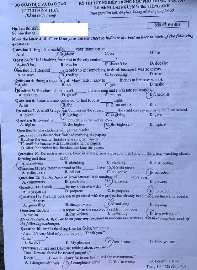 Đáp án đề thi môn Tiếng Anh mã đề 402 - Tốt nghiệp THPT 2024