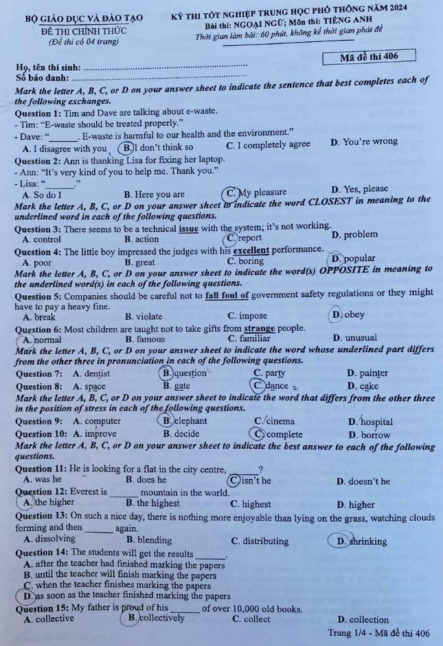 Đáp án đề thi môn Tiếng Anh mã đề 406 - Tốt nghiệp THPT 2024