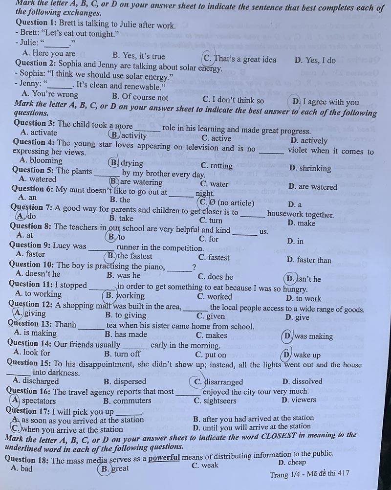 Đáp án đề thi môn Tiếng Anh mã đề 417 - Tốt nghiệp THPT 2024