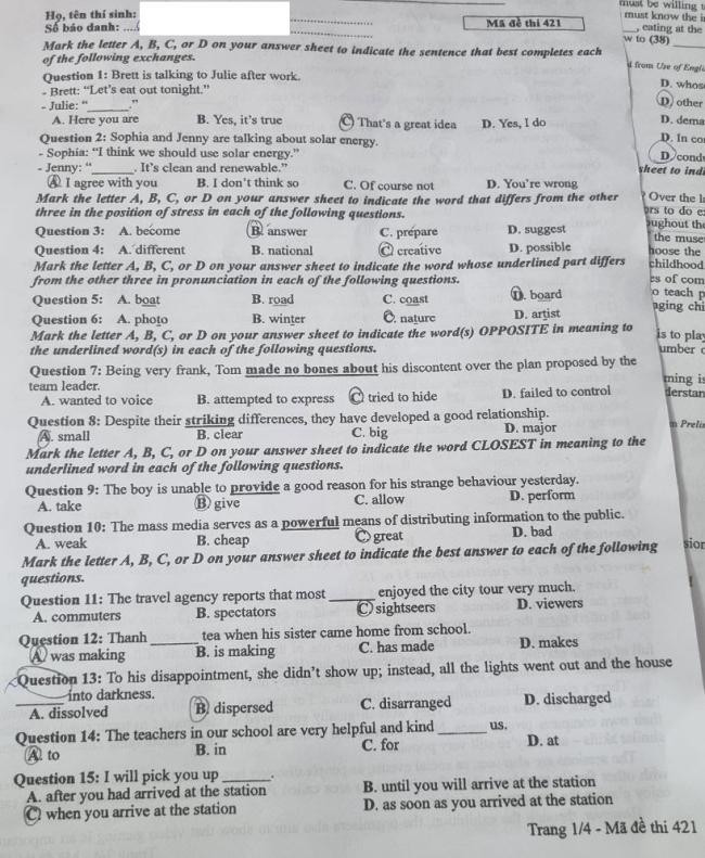 Đáp án đề thi môn Tiếng Anh mã đề 421 - Tốt nghiệp THPT 2024