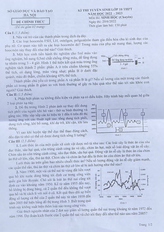 Đề thi vào 10 chuyên Sinh Sở GDĐT Hà Nội năm 2022 có đáp án
