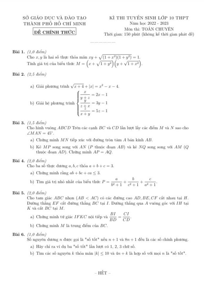 Đề thi vào 10 chuyên toán Sở GD HCM năm 2022 có đáp án