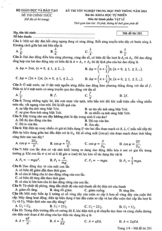 Đáp án đề thi môn Lý  mã đề 201 - Tốt nghiệp THPT 2024