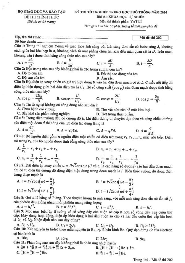 Đáp án đề thi môn Lý  mã đề  202 - Tốt nghiệp THPT 2024