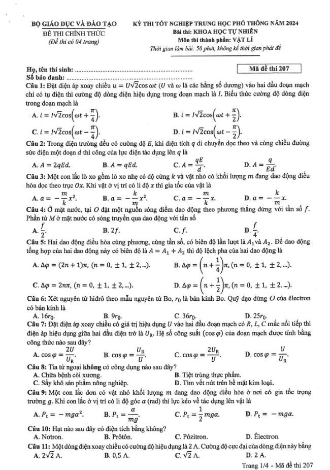 Đáp án đề thi môn Lý  mã đề 207 - Tốt nghiệp THPT 2024