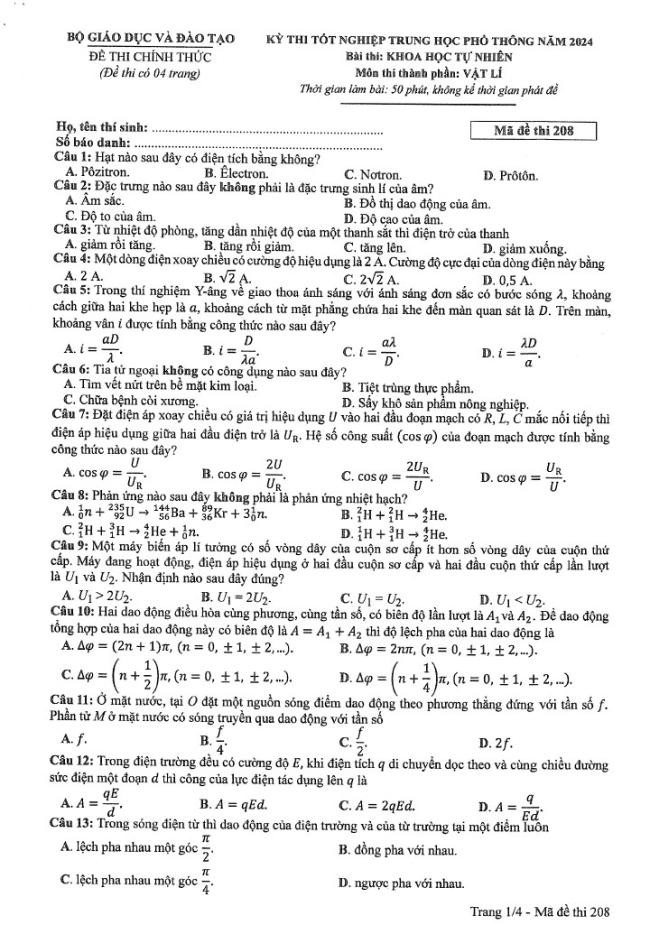 Đáp án đề thi môn Lý  mã đề 208 - Tốt nghiệp THPT 2024