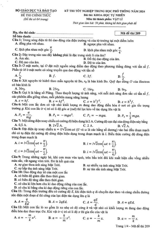 Đáp án đề thi môn Lý  mã đề 209 - Tốt nghiệp THPT 2024