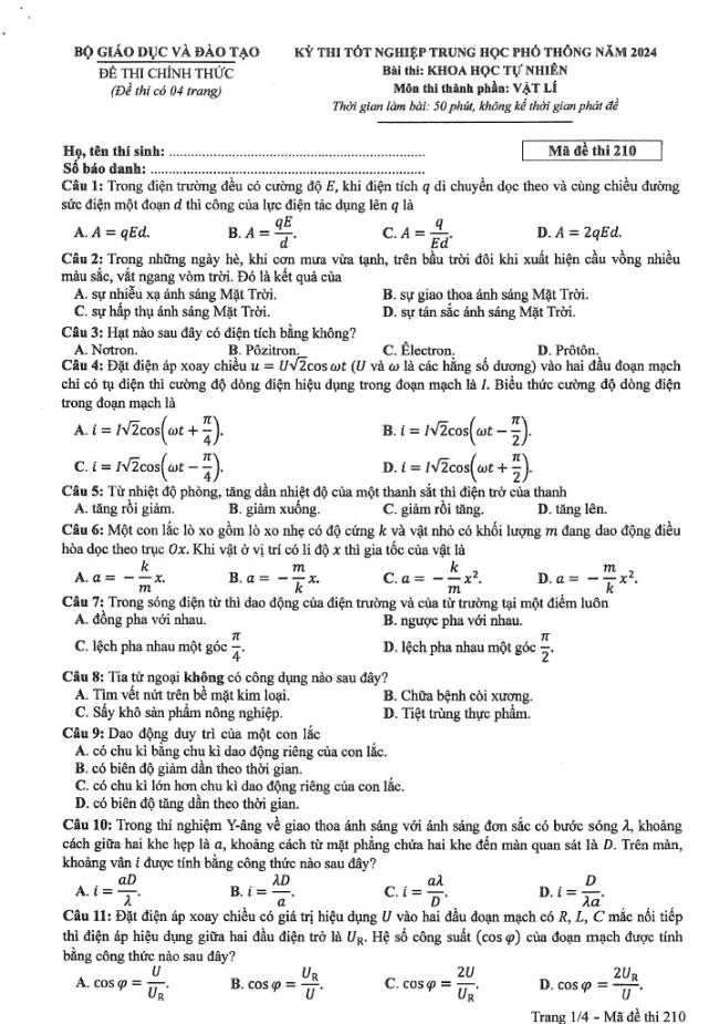 Đáp án đề thi môn Lý  mã đề  210 - Tốt nghiệp THPT 2024