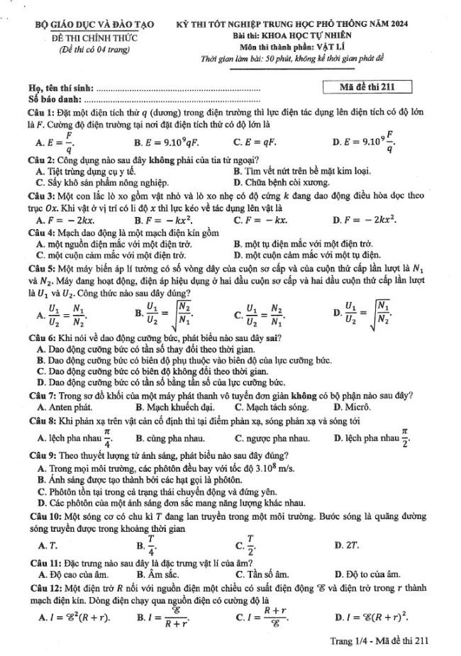 Đáp án đề thi môn Lý  mã đề 211 - Tốt nghiệp THPT 2024