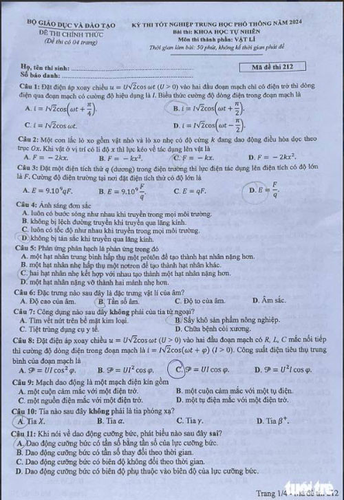 Đáp án đề thi môn Lý  mã đề 212 - Tốt nghiệp THPT 2024