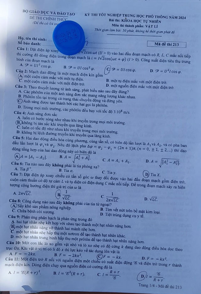 Đáp án đề thi môn Lý  mã đề 213  - Tốt nghiệp THPT 2024