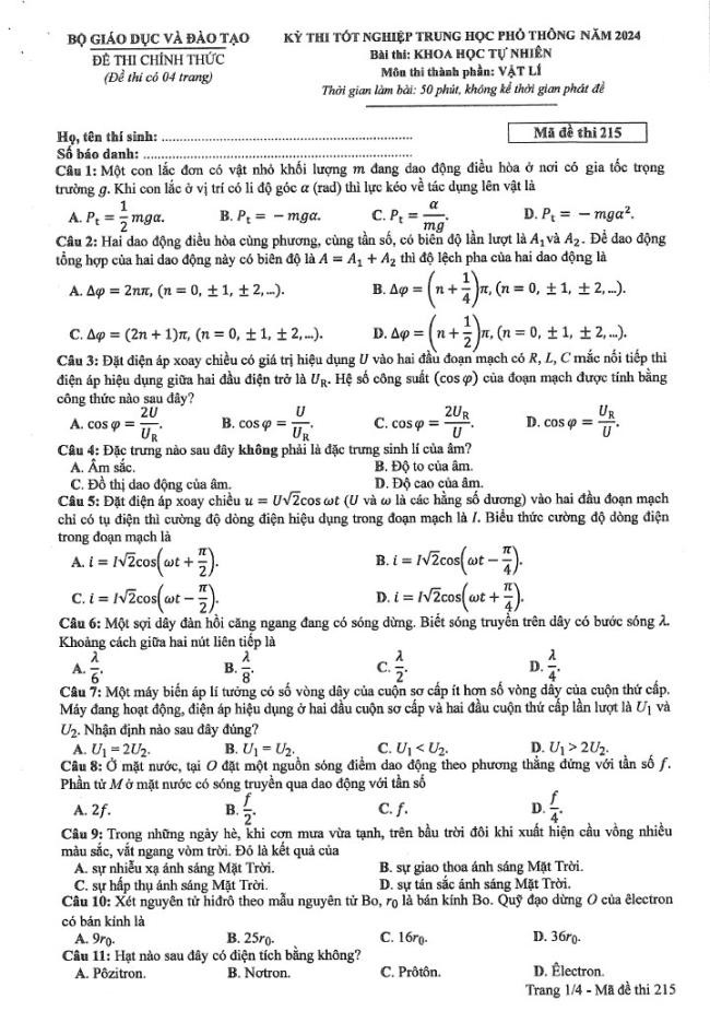 Đáp án đề thi môn Lý  mã đề 215 - Tốt nghiệp THPT 2024