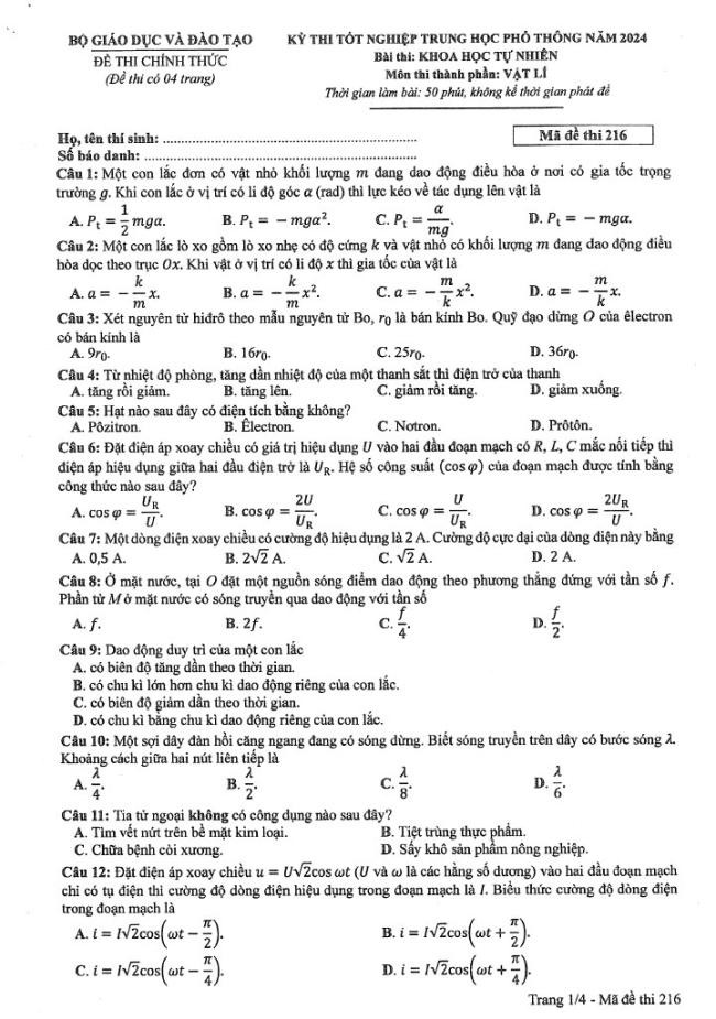 Đáp án đề thi môn Lý  mã đề 216  - Tốt nghiệp THPT 2024