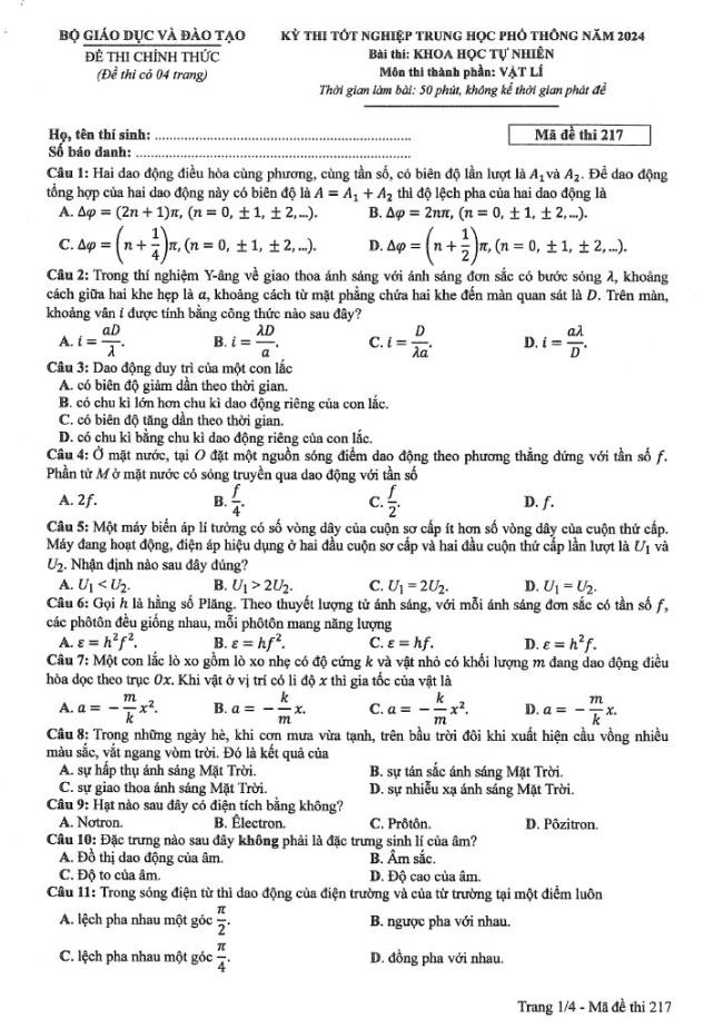 Đáp án đề thi môn Lý  mã đề  217 - Tốt nghiệp THPT 2024
