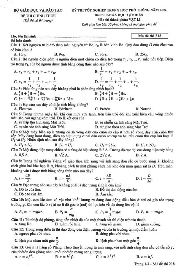 Đáp án đề thi môn Lý  mã đề 218  - Tốt nghiệp THPT 2024