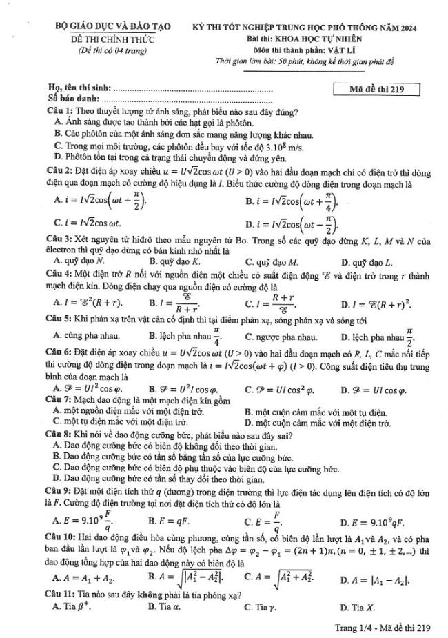 Đáp án đề thi môn Lý  mã đề 219 - Tốt nghiệp THPT 2024