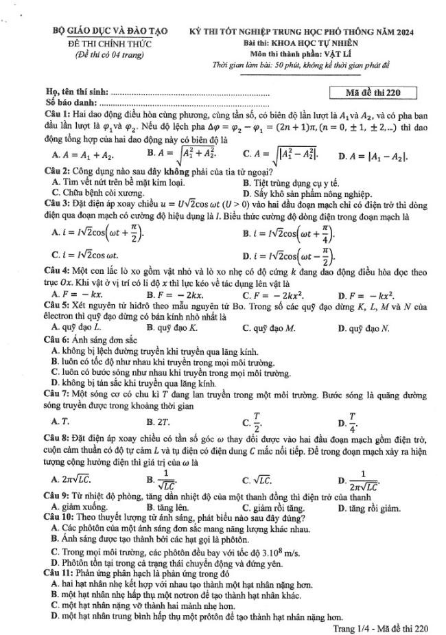 Đáp án đề thi môn Lý  mã đề 220 - Tốt nghiệp THPT 2024