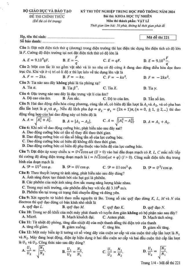 Đáp án đề thi môn Lý  mã đề 221 - Tốt nghiệp THPT 2024