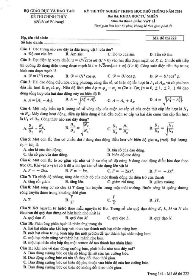Đáp án đề thi môn Lý  mã đề 222 - Tốt nghiệp THPT 2024