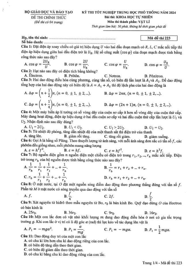 Đáp án đề thi môn Lý  mã đề 223 - Tốt nghiệp THPT 2024