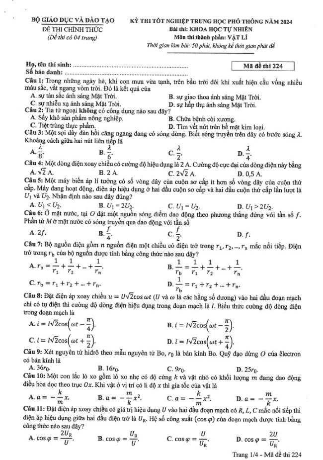 Đáp án đề thi môn Lý  mã đề  224 - Tốt nghiệp THPT 2024