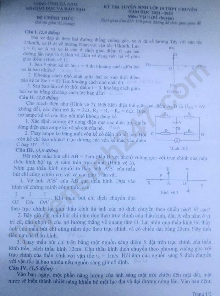 Đề thi vào 10 chuyên lý Sở GD ĐT Hà Nam năm 2023 có đáp án