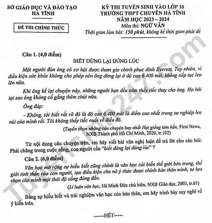 Đề thi vào 10 chuyên văn Sở GD ĐT Hà Tĩnh năm 2023 có đáp án